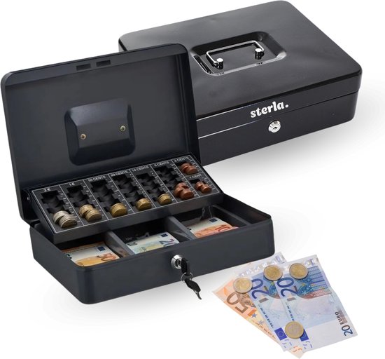 Geldkist – Met Sleutel en Muntsorteerder – Geldkistje Metaal 30 x 24 x 9 cm – Robuuste Geldlade met Biljetten- en Muntenbak – Zwart