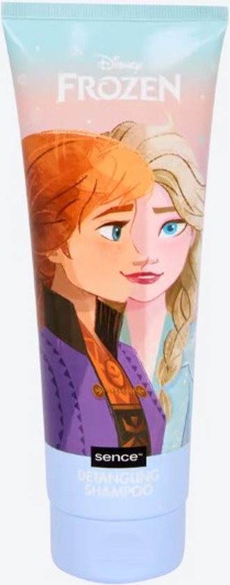 Paarse tube met afbeelding van Anna en Elsa uit Frozen. Sence kindershampoo.
