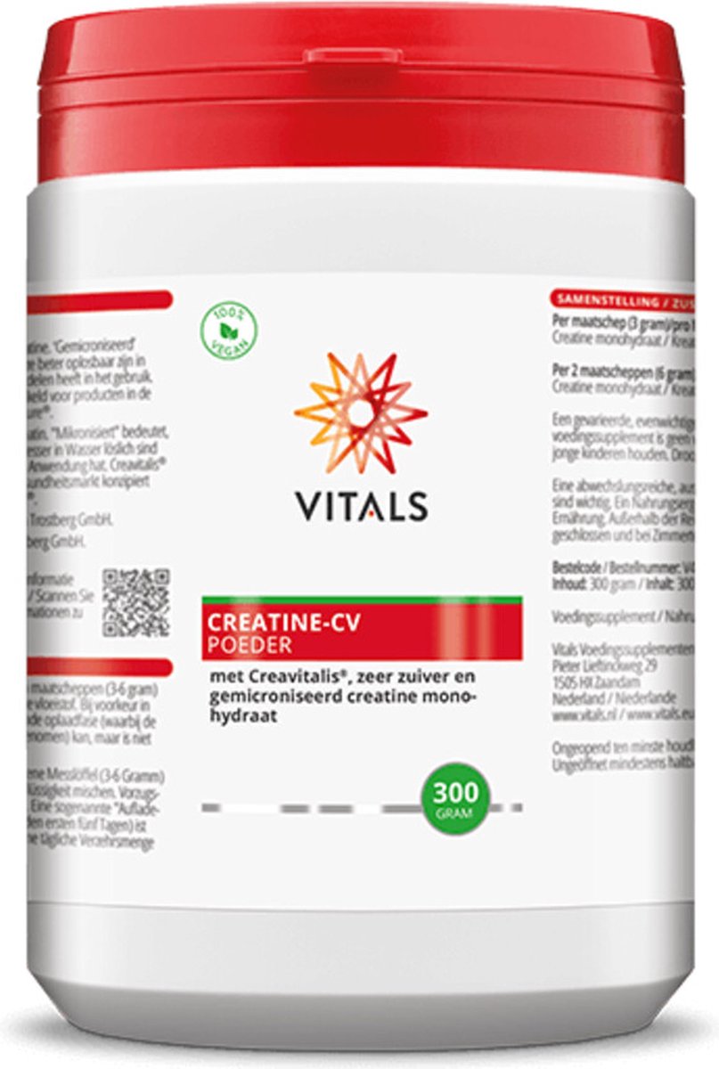 Goedkoopste Vitals Creatine-CV - 300 gram poeder. Met Creavitalis®, zeer zuiver en gemicroniseerd creatine monohydraat. NZVT-keurmerk geschikt voor topsporters, getest op doping.