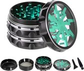 Kraftverdia™-Moulin à herbes-Moulin à épices 2,5" 4 pièces-Dessus transparent-Fabriqué en verre, métal-avec grattoir à pollen et brosse de nettoyage- Zwart et vert-Grinder-Crusher-Cadeau