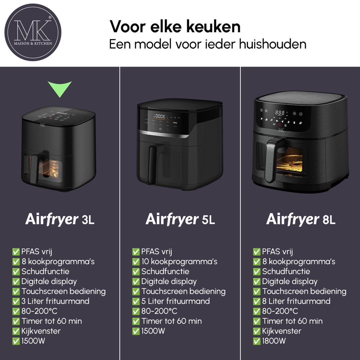 Afbeelding 3 van Maison & Kitchen Airfryer - Heteluchtfriteuse airfryers- PFAS-vrij - 1350W - 3L Inhoud - 80ºC tot 200ºC - Zwart