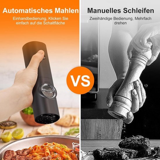 Homtronic Elektrische zout- en pepermolens, set van 2, elektrische kruidenmolens met oplaadbare basis, ledlicht, USB-oplaadbaar, 4 grove standen verstelbaar, automatisch malen, voor keuken, barbecue