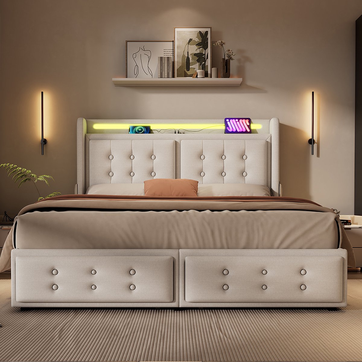 KOMHTOM Tweepersoonsbed Volwassen bed 140x200 met Led-hoofdbord en USB C-oplaadfunctie en 4 laden Linnen Beige