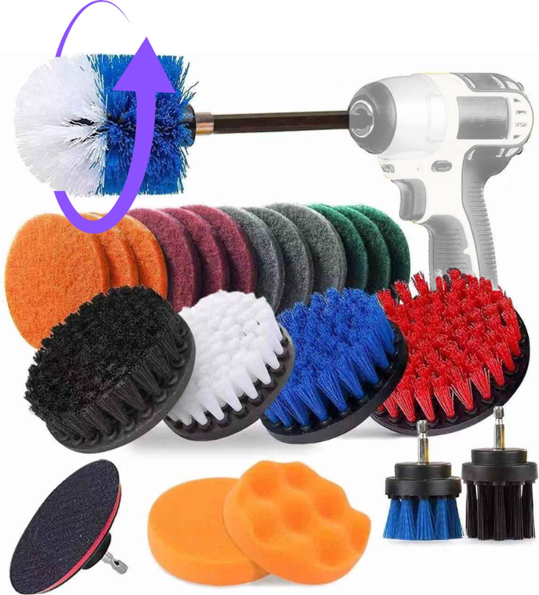 23 Delige Boorborstel Set - – Schoonmaak Borstels voor Boormachines – Schuurborstel met Nylon Haren – Inclusief Schuursponsjes en Polijstpads – Ideaal voor Badkamer, Keuken en Auto
