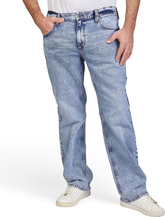 Lichtblauwe spijkerbroek voor heren, regular/straight fit, met bruine stiksels.