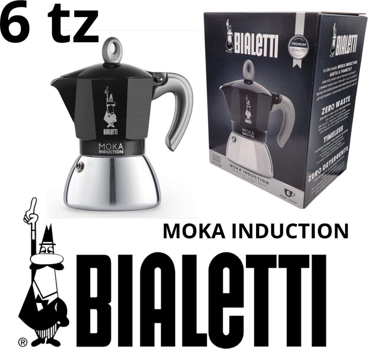 Bialetti New Moka Induction, 6 tz, 6 kops, Percolator, zwart, Inductiegeschikt, 280 ml. Bialetti New Moka Induction, 6 tz, 6 kops, Percolator, zwart, Inductiegeschikt, 280 ml.