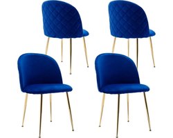 Set van 4 Eetkamer stoelen - Blauwfluwelen Stoelen - Woonkamer stoelen - Gestoffeerde Stoelen Met Rugleuning - Fauteuil - Gouden Poten