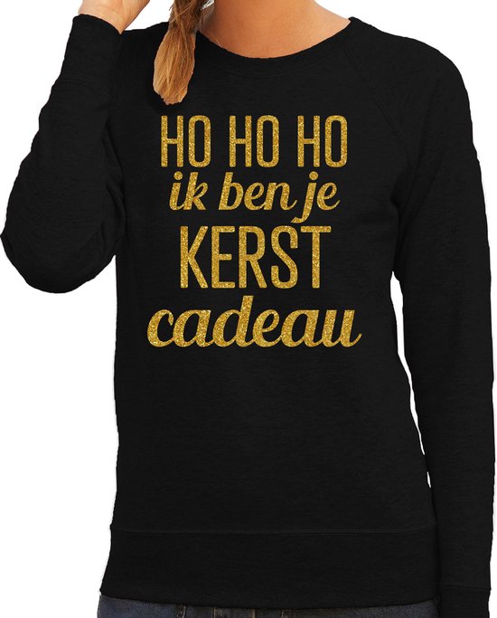 Bellatio Decorations Foute kersttrui/sweater voor dames - Hohoho kerst cadeau - zwart - glitter goud M
