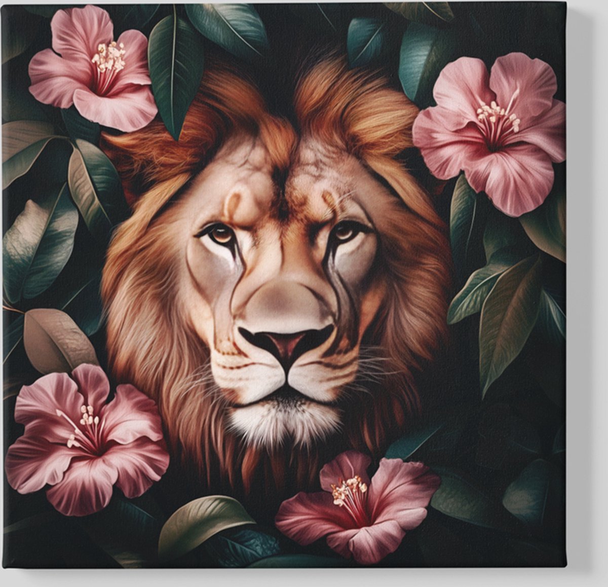 Trendex Global Vierkant Canvas Schilderij - Leeuw en Bloemen - 40x40x2 cm Kleurrijk
