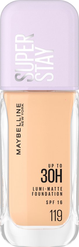 Flesje Maybelline Super Stay Lumi Matte Foundation, kleur 119. De dop is lichtpaars.