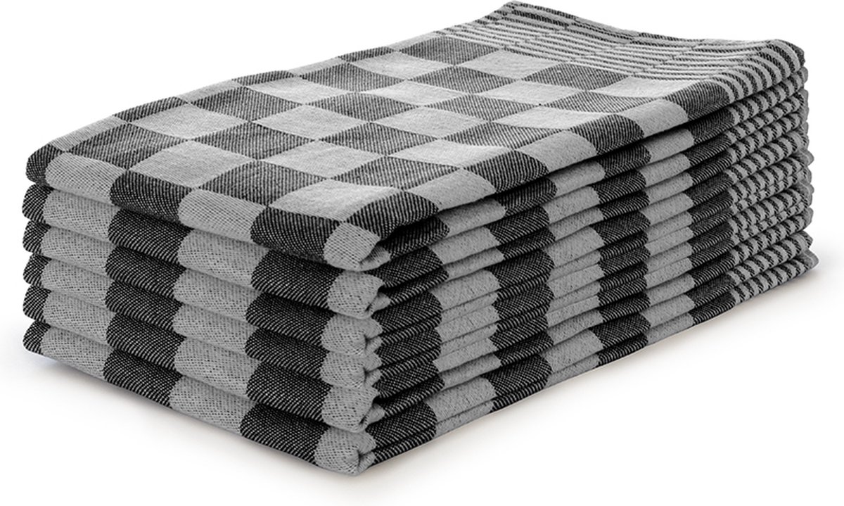 Theedoeken set Blok Zwart/Wit - 65x65 - Set van 6 - Geblokt - Blokdoeken - 100% katoen - Horeca Theedoeken