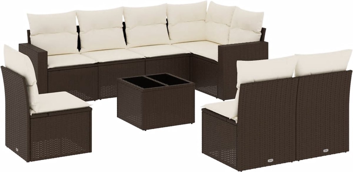 vidaXL 9-delige - Loungeset - met - kussens - poly - rattan - bruin
