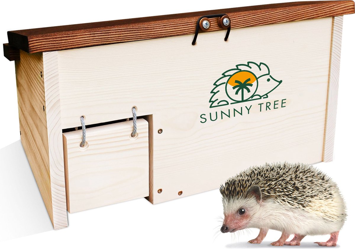Sunny Tree Egelhuis met beschermklep - Houten egelhuisje waterdicht met bodem - Egel Voederhuis voor Buiten - Egelhuisje met inlooptunnel