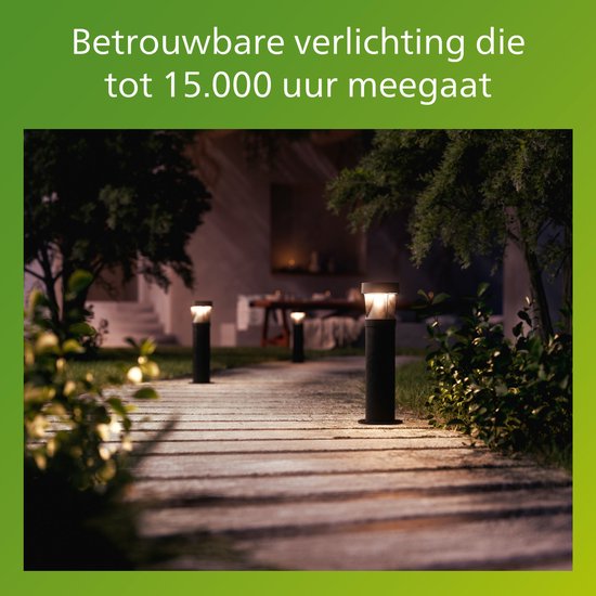 Verlicht pad in een tuin 's avonds met vier zwarte Philips Avery sokkellampen die warm wit licht geven.