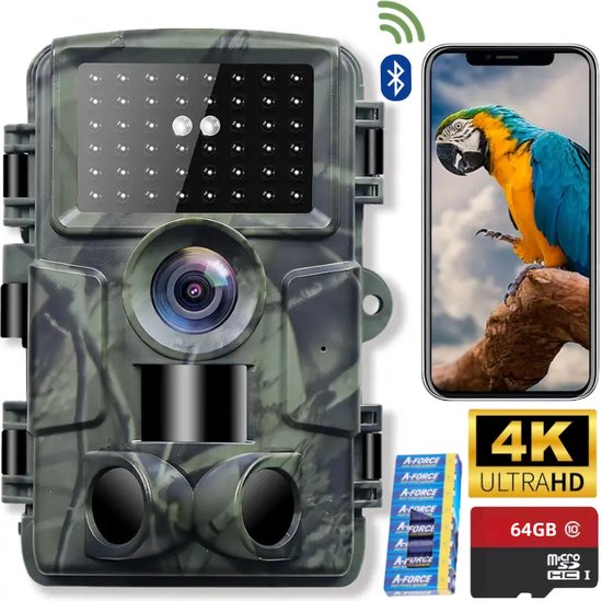 Wildcamera met nachtzicht - Voor Buiten - WiFi APP - Incl.64GB SD - 4K & 60MP - Oplaadbaar - 8 Batterijen