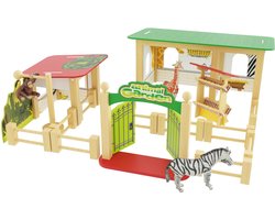 Dierentuin speelgoed - Dierentuin - Houten dierentuin - 19 delig - 3 speelfiguren van kunststof (giraf, zebra, aap) - Houten speelgoed - Dieren speelgoed voor kinderen - Speelgoed - VI Online Products