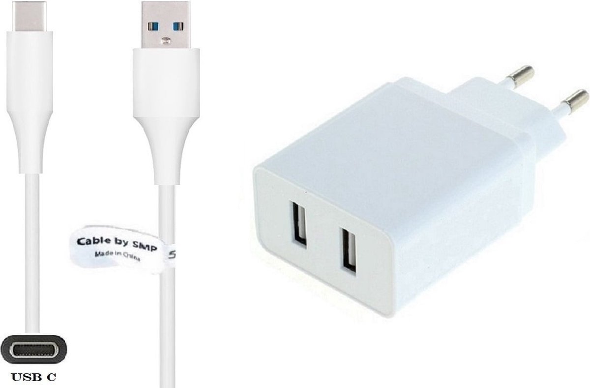 OneOne 2.4A lader met 2 poorten + 1,8m sterke USB C kabel. Oplader adapter past op Nokia T20, T21, X10, X100, X20, X30, X5, X7, X71, XR20, XR21, 9 PureView