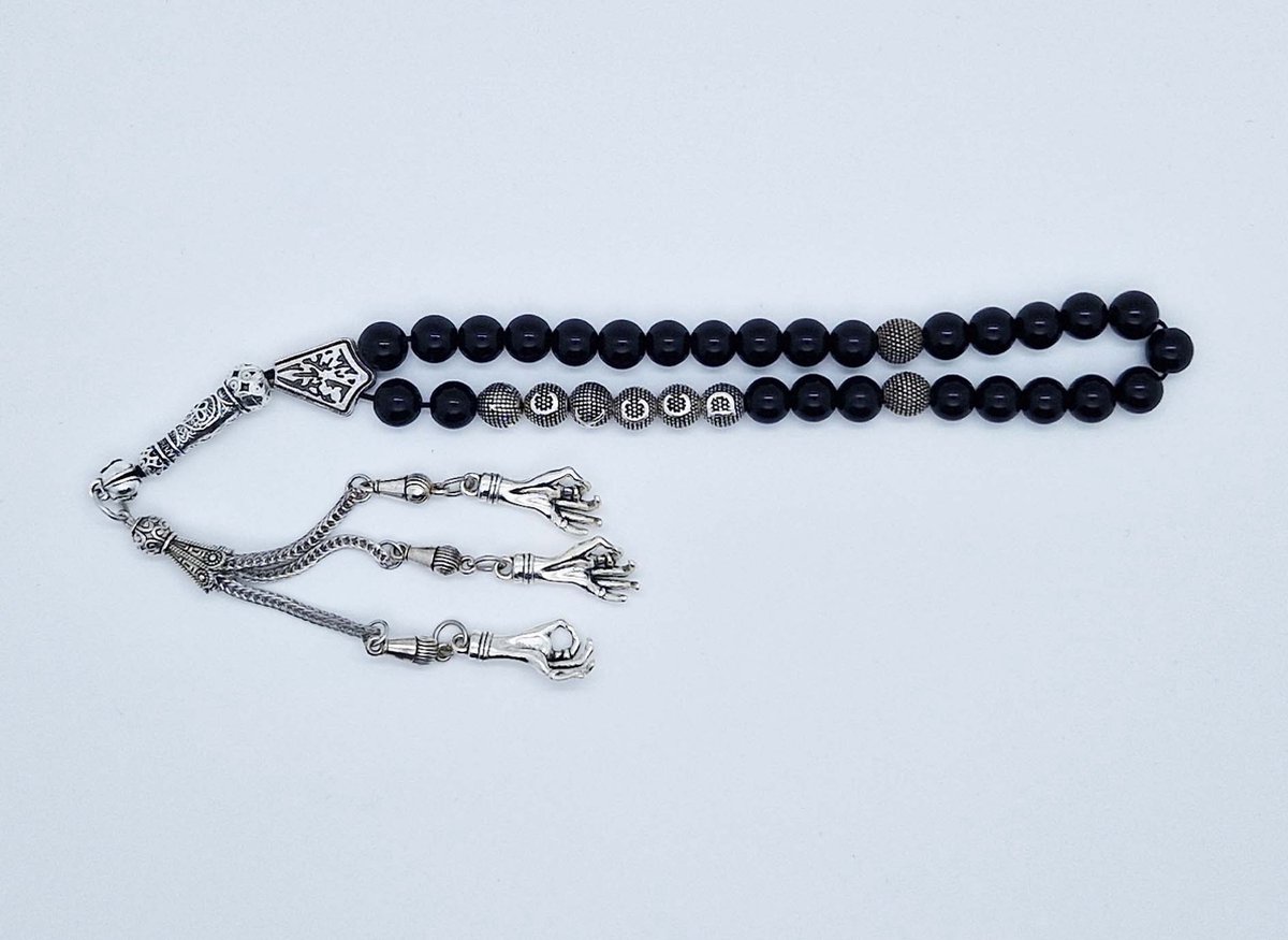 Handgemaakte naam tasbih 33 Kralen Natuursteen “Obsidian” - met metaal tassel “ Handpalm"- Met je naam of de naam van uw geliefde- 8 mm diameter van de korrel