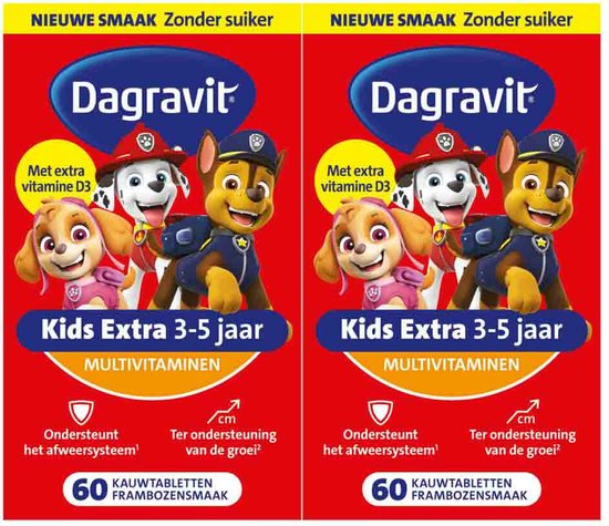 Twee verpakkingen Dagravit Kids Extra 3-5 jaar Multivitaminen met Paw Patrol, frambozensmaak, 60 kauwtabletten.