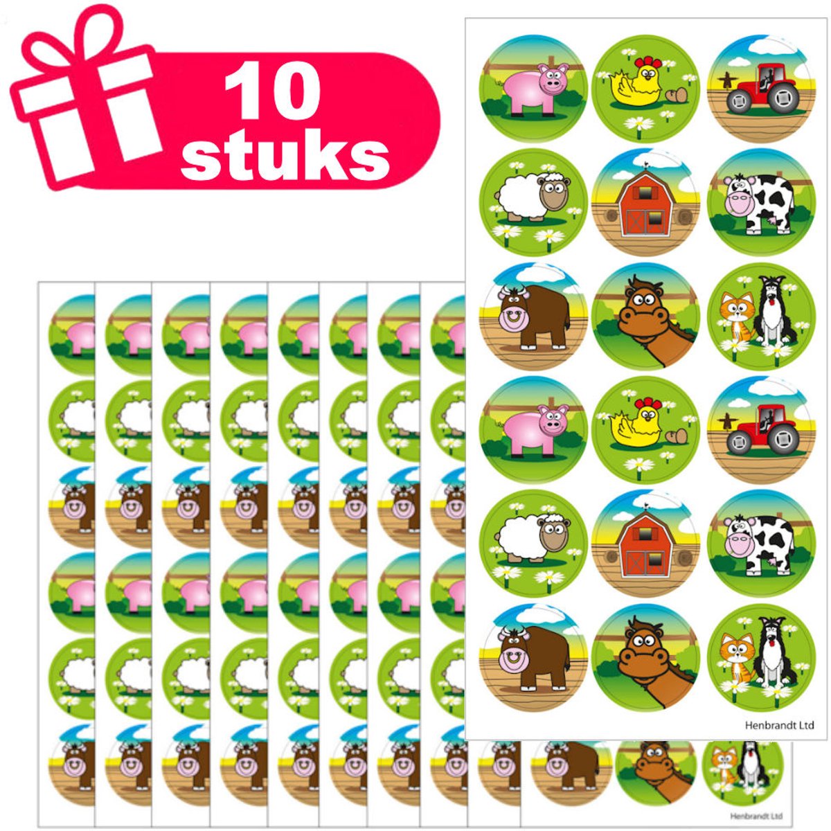 Henbrandt - Set van 10x Stickervellen met Grote BOERDERIJ DIEREN Stickers om Uit te Delen of te Knutselen - Traktatie uitdeelcadeautjes - 10x Stickervellen voor Kinderen met 18 Stickers per Vel = Totaal: 180 Stickers