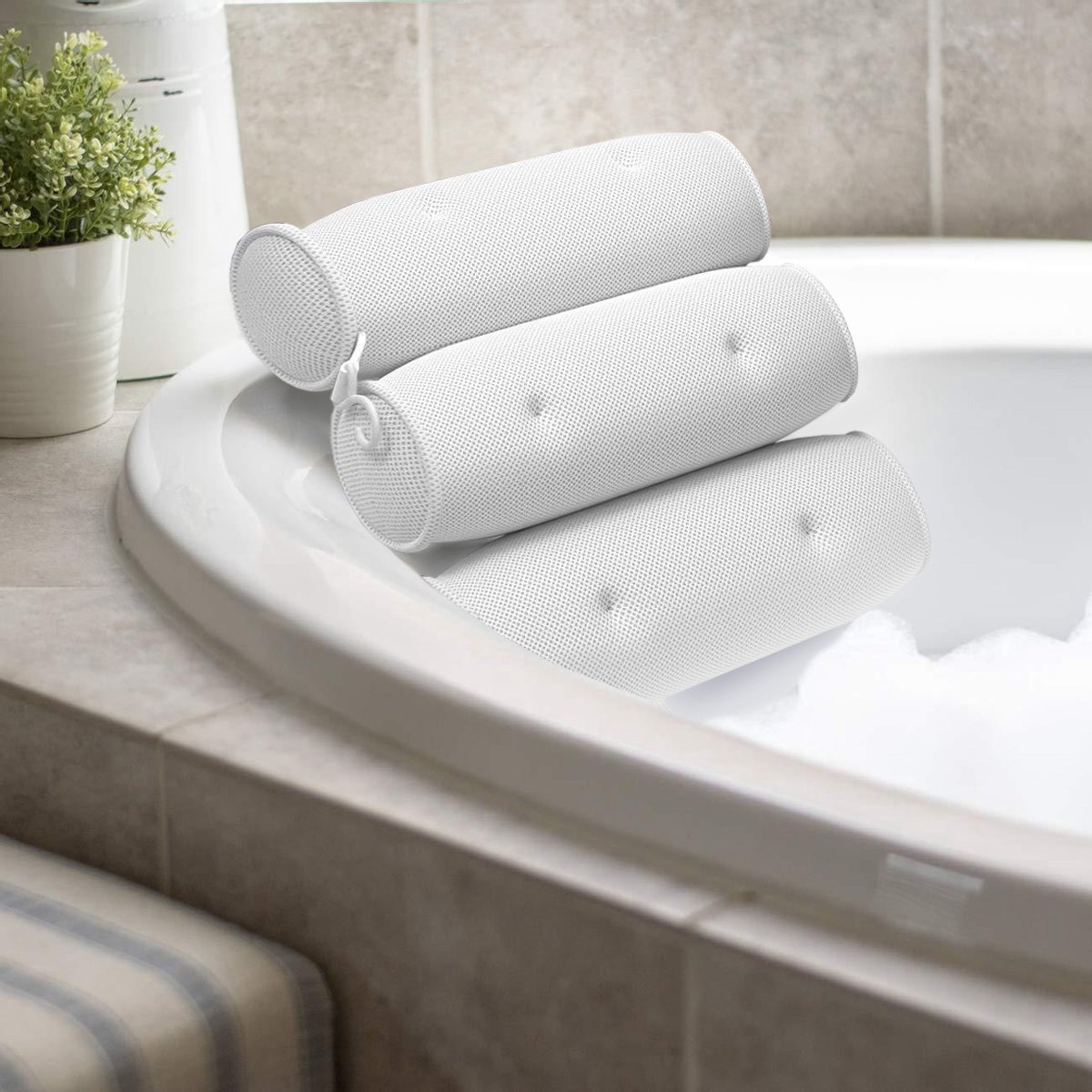 Rilimo® - Badkussen – Badkussen met zuignappen - Voor Nek en Rug - Kussen voor in bad - Hoofdteun Kussen met antislip - Wit - Waterdicht - Comfort Nekkussen - Ontspanning 3 rollen