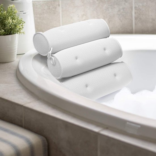 Rilimo® - Badkussen – Badkussen met zuignappen - Voor Nek en Rug - Kussen voor in bad - Hoofdteun Kussen met antislip - Wit - Waterdicht - Comfort Nekkussen - Ontspanning 3 rollen