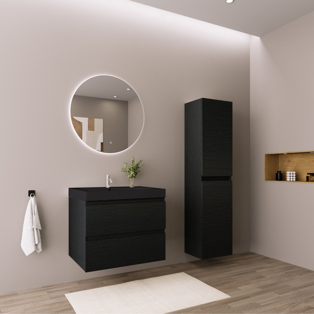 LOMAZOO Badmeubelset Zwart Eiken 60 cm - Wastafel Zwart - Badkamermeubel set - Wastafelmeubel Zwart - Badkamerkast hoog [AVALON]
