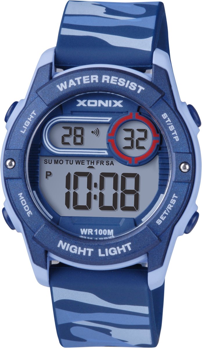 Xonix BAZ-A06 - Horloge - Polshorloge - Digitaal - Kinderen - Unisex - Rond - Siliconen band - ABS-Kunst - Achtergrondverlichting - Alarm - Start-Stop - Tweede tijdzone - Datumaanduiding - Waterdicht - Blauw camouflage