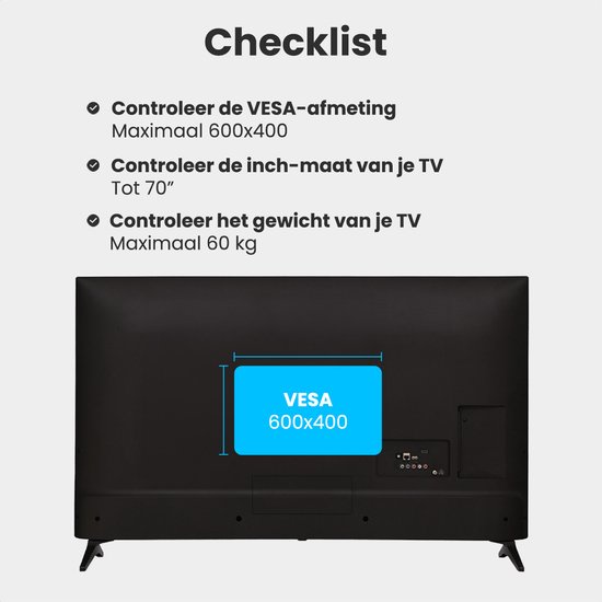 Auronic TV Beugel - 32 t/m 70 inch - TV Muurbeugel - TV Kantelbaar - Tot 60 KG - VESA 600mm x 400mm - Voor o.a. 43", 55" & 65" - Zwart