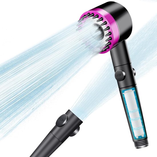 Pommeau de douche - Douchette à main - Pommeau de douche à effet pluie - 3+1 modes de jet - ABS - Chrome - Noir et violet - Haute pression - Économie d'eau - Avec filtre à eau - Avec fonction d'arrêt - 25*7,5*6 cm