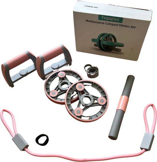 Multifunctionele compacte fitness set met roze en grijze accenten. Bevat een buikspierwiel, push-up handvatten, weerstandsband en twee wielen.