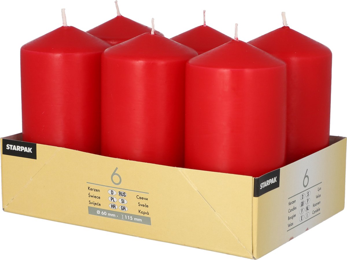 Conpax candles Stompkaarsen/zuilkaarsen set van 6x - kersenrood - D6 x H12 cm - 24 branduren
