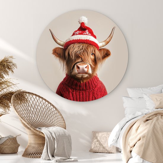 WallCircle® Wandcirkel 150x150 cm - Muurcirkel Schotse Hooglander - Kerst - Muts - Trui - Winter - Muurdecoratie woonkamer - Wanddecoratie slaapkamer - Kamer decoratie accessoires - Ronde schilderijen