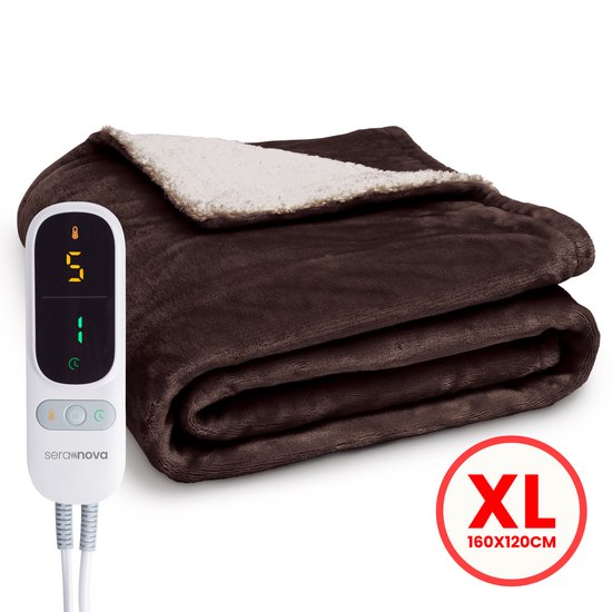 Seranova Elektrische Deken - Extra Warmtedraden - Premium Model - 160x120 cm - 1 persoons Warmtedeken - Dubbelzijdig Fleece Sherpa - Kastanjebruin