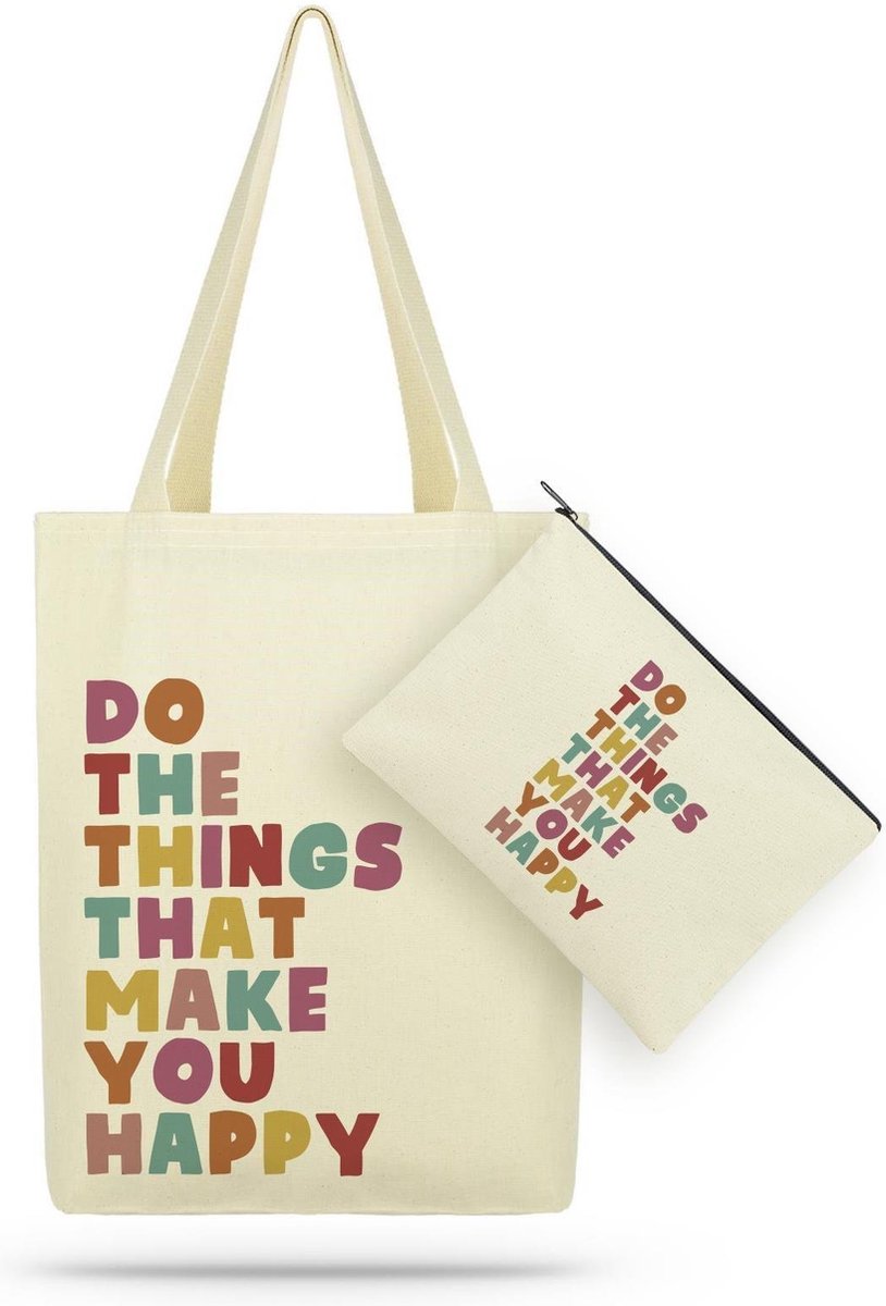 Kwube Dames Tassen - Shopper - Set Van Shopper en Toilettas - Naturel Katoen - "Do The Things" Print - 35x40 cm en 25x18 cm - Katoenen Schoudertas - Boodschappentas - Natural Cotton Tote Bag and Toiletry Bag Set - Cadeau Voor Haar/Moederdag - Linnen