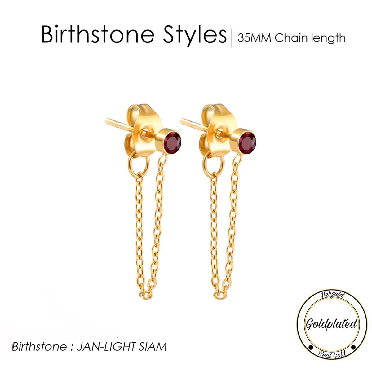 Borasi Birthstone Oorbellen Met Hanger Januari | Goldplated | Rood | Dames Sieraden |