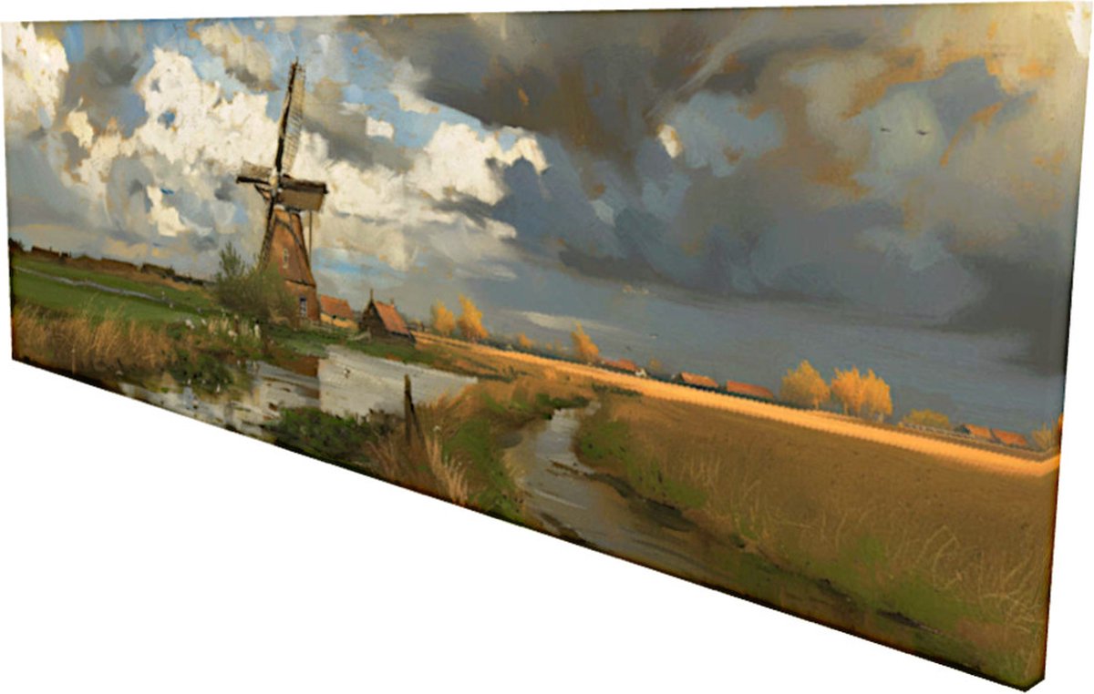 Oud Hollandse Molen in Polder Landschap met Nederlandse Luchten & Wolken - Impressionistisch Haagse School Panorama Schilderij - Holland van Vroeger - Canvas Print Wanddecoratie - 90x30 cm