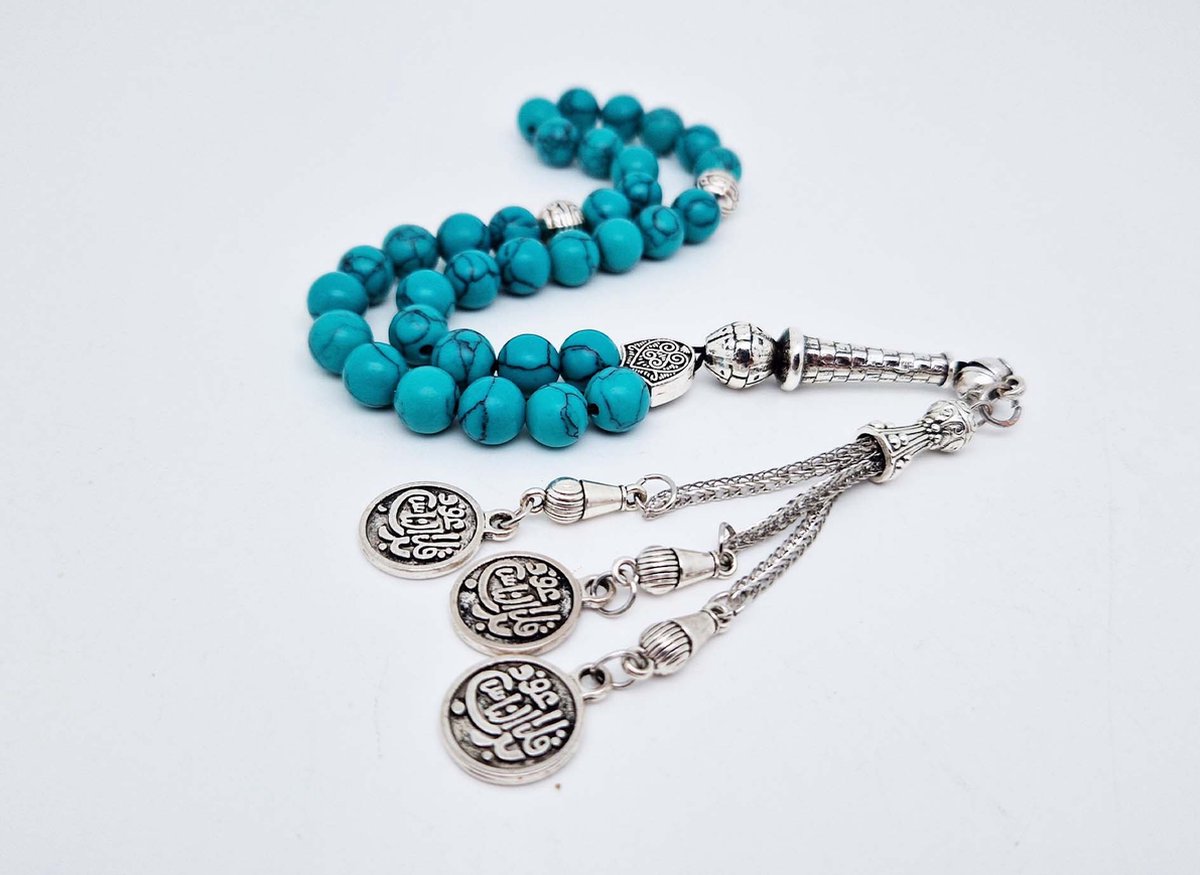 Handgemaakte tesbih "tasbih" natuursteen "Howliet groen" - Aantal kralen 33 - Diameter kralen 8 MM - met metaal tassel "model A19" - Een mooi cadeau-idee