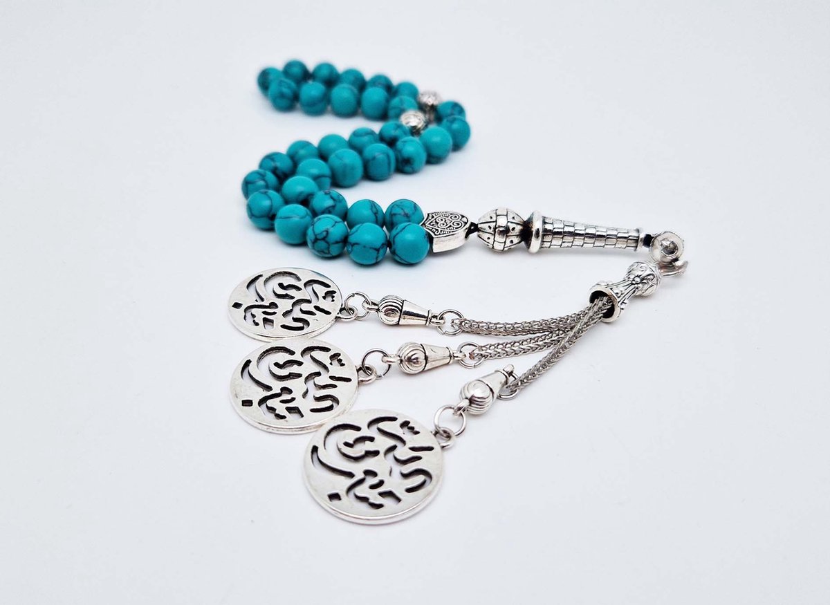 Handgemaakte tesbih "tasbih" natuursteen "Howliet groen" - Aantal kralen 33 - Diameter kralen 8 MM - met metaal tassel "model A14" - Een mooi cadeau-idee