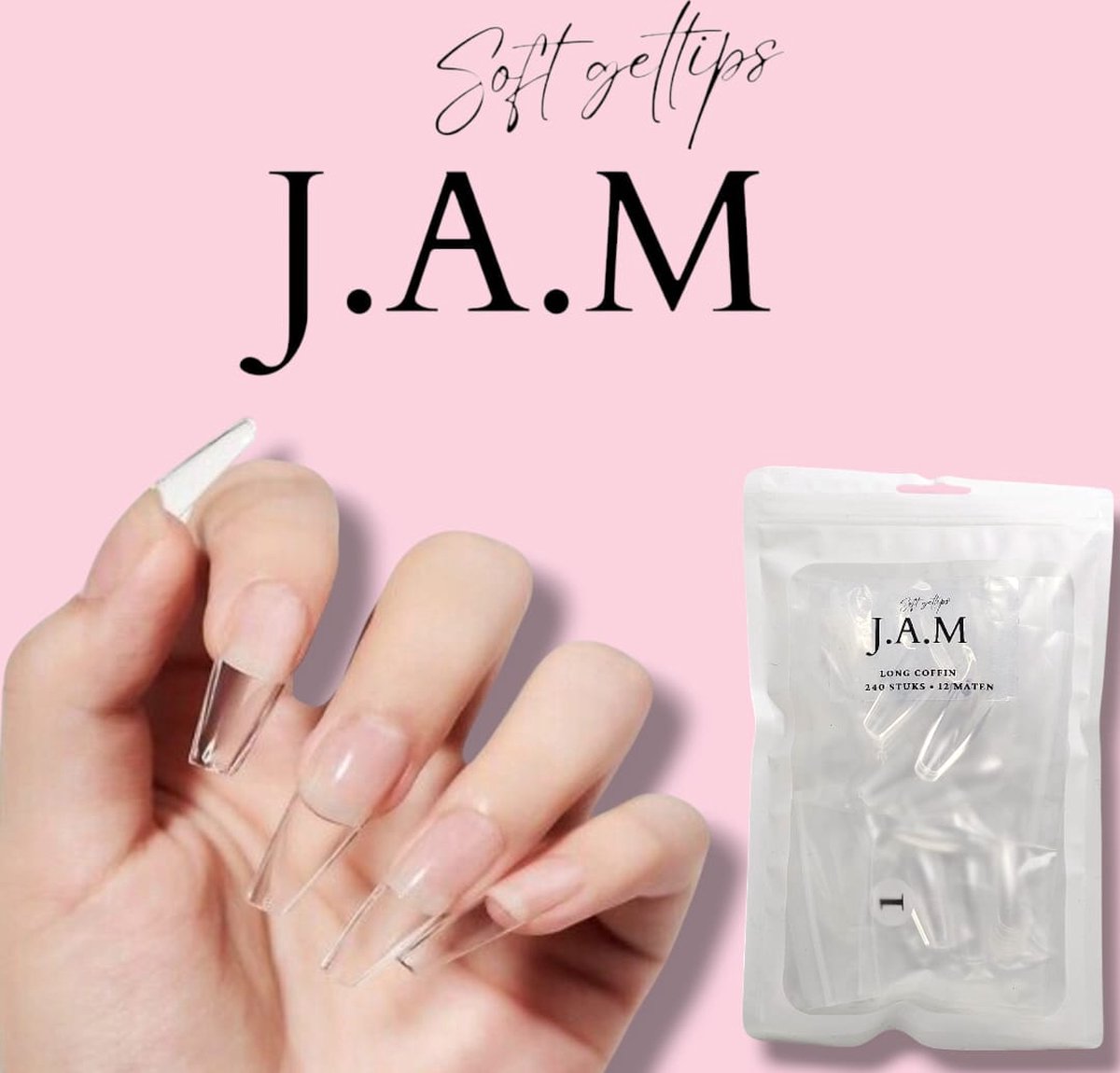 Goedkoopste J.A.M - Long Coffin Soft Gel tips - Nepnagels - Gelnagels - plaknagels met lijm - Long Coffin Nagels - press on nails 100 soak - off - Fake nails - Long Coffin Nageltips - Full Cover 240 Stuks Transparant / Clear Tips van hoge kwaliteit nagelvijl