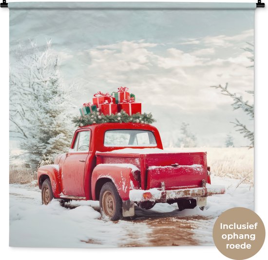 Wandkleed 120x120 cm - Wanddoek Auto - Rood - Cadeaus - Winter - Sneeuw - Kerst - Wandtapijt - Wandkleden