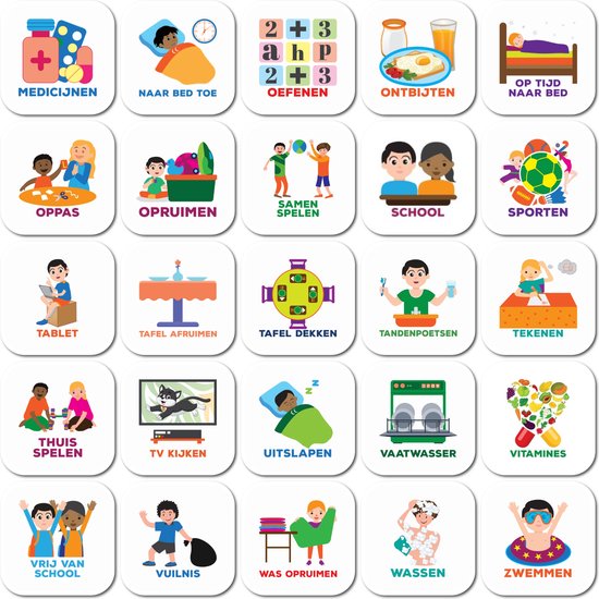 Verzameling magneetpictogrammen voor activiteiten: medicijnen, slapen, oefenen, ontbijten, oppassen, opruimen, etc.