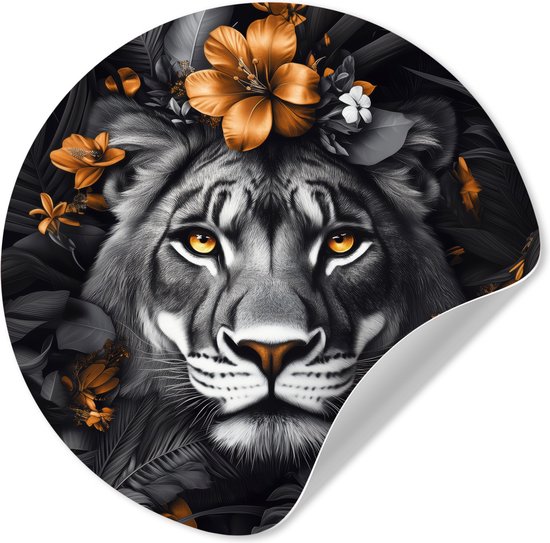 WallCircle® - Behangcirkel 100x100 cm - Muurstickers Tijger - Zwart wit - Goud - Bloemen - Botanisch - Muurcirkel woonkamer - Wandcirkel slaapkamer - Kamer decoratie zelfklevend - Muurdecoratie accessoires XXL