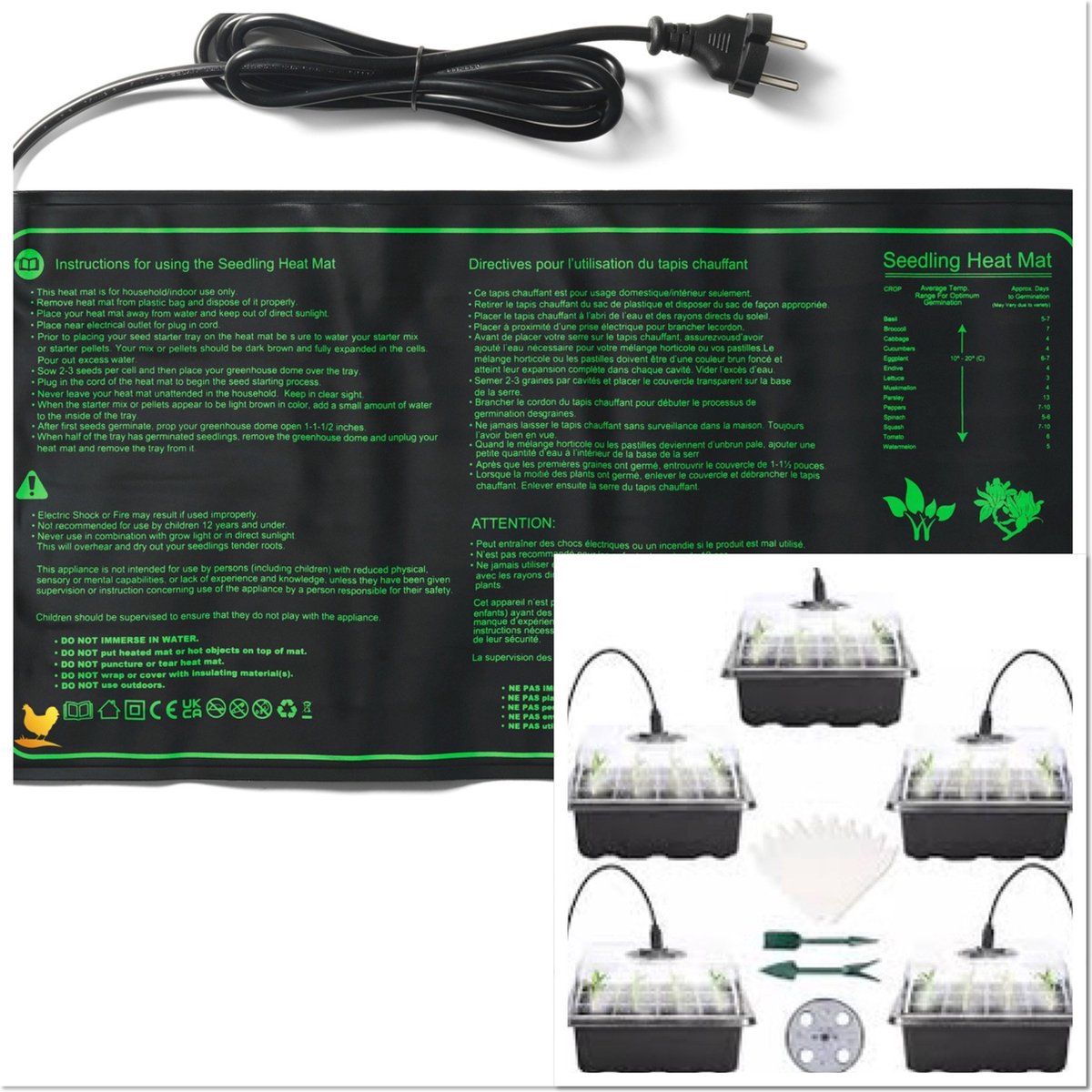 Kweekset: kweekbakjes + kweekmat, kweekbakjes 5 stuks met 5 x 8 LED, groeilampjes, verwarmingsmat planten - 25 x 50 cm- zaden - stekjes - kiemen - ook geschikt voor onder terrariums - spat waterdicht - 17 watt - zonder regelaar