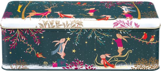 Boîte rectangulaire en métal avec une scène de Noël de lapins courant et en luge, de cerfs et d'oiseaux, avec de la neige et des branches dorées.