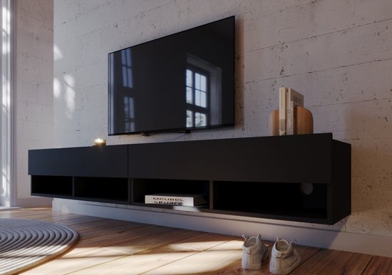 Meubel Square - TV meubel Nivo - Mat Zwart - 200cm (2x100cm) - Hangend TV Kast