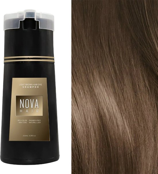 Nova Hair Instant Dye Shampoo Light Brown - Rijk aan Natuurlijke Extracten - Dekking voor Grijs Haar - Kleur Shampoo voor man en vrouw - NovaHair - Nova Hair Shampoo Light Brown - 200 ml