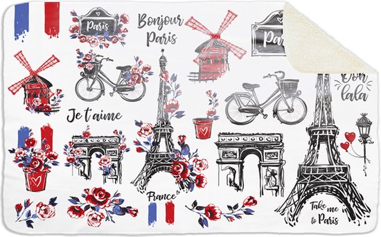Fleecedeken Illustraties Parijs, 96x146cm, Polyester Sherpa, Print deken, FD2024983