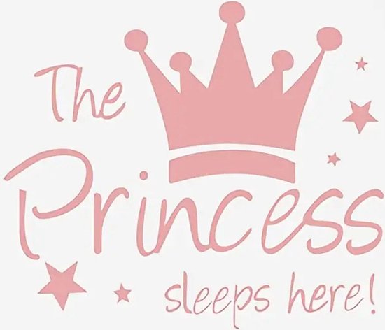 Muursticker The Princess Sleeps Here - Kroontje - Roze Sterren - Babykamer - Kinderkamer - Zelfklevend PVC - 32x28cm - Meisje