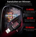 Illustratie van de 2.4GHz dongle van de Phreeze GHW3 gaming headset, met tekst over ultra low latency en bereik.